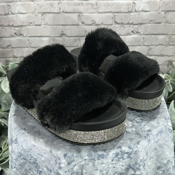 Bamboo Black 2-Band Furry Slipper Shoes with Crystal Embellished Soles WMS 9M - Picture 10 of 10